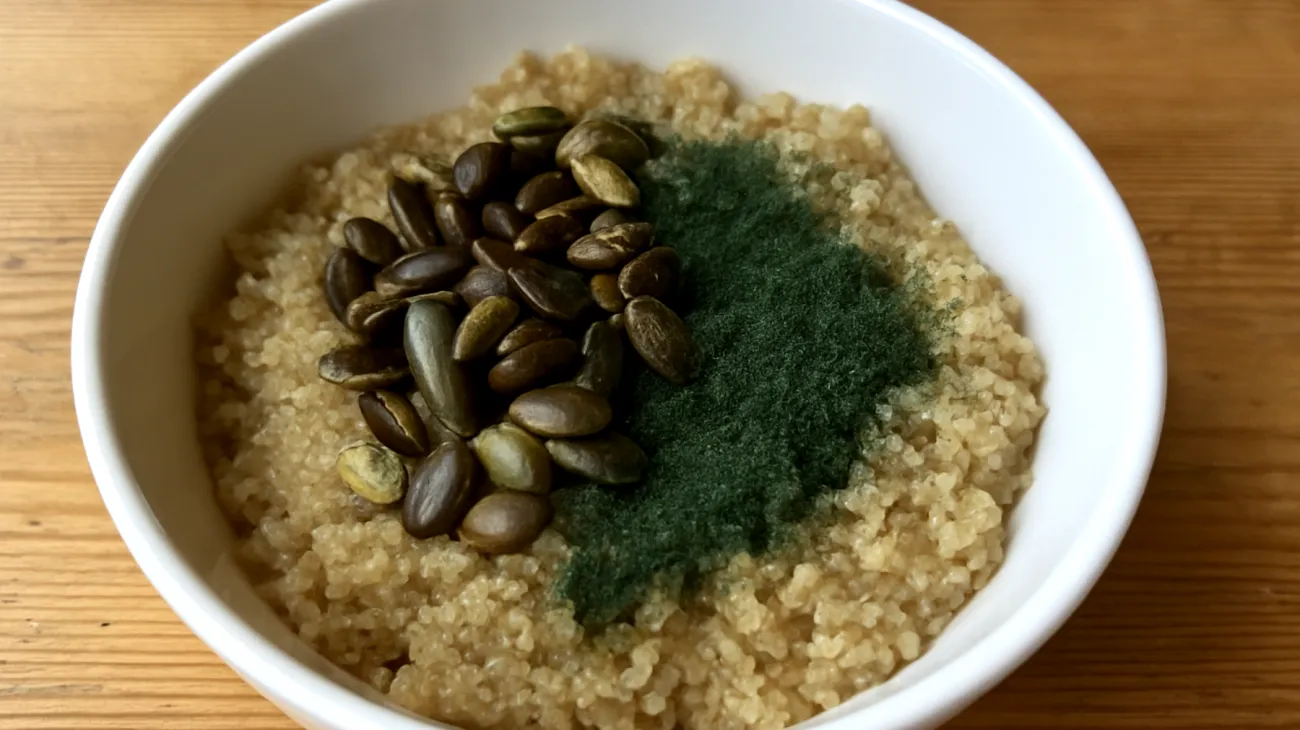 Amaranth-Quinoa-Bowl mit gerösteten Kürbiskernen und Spirulina"