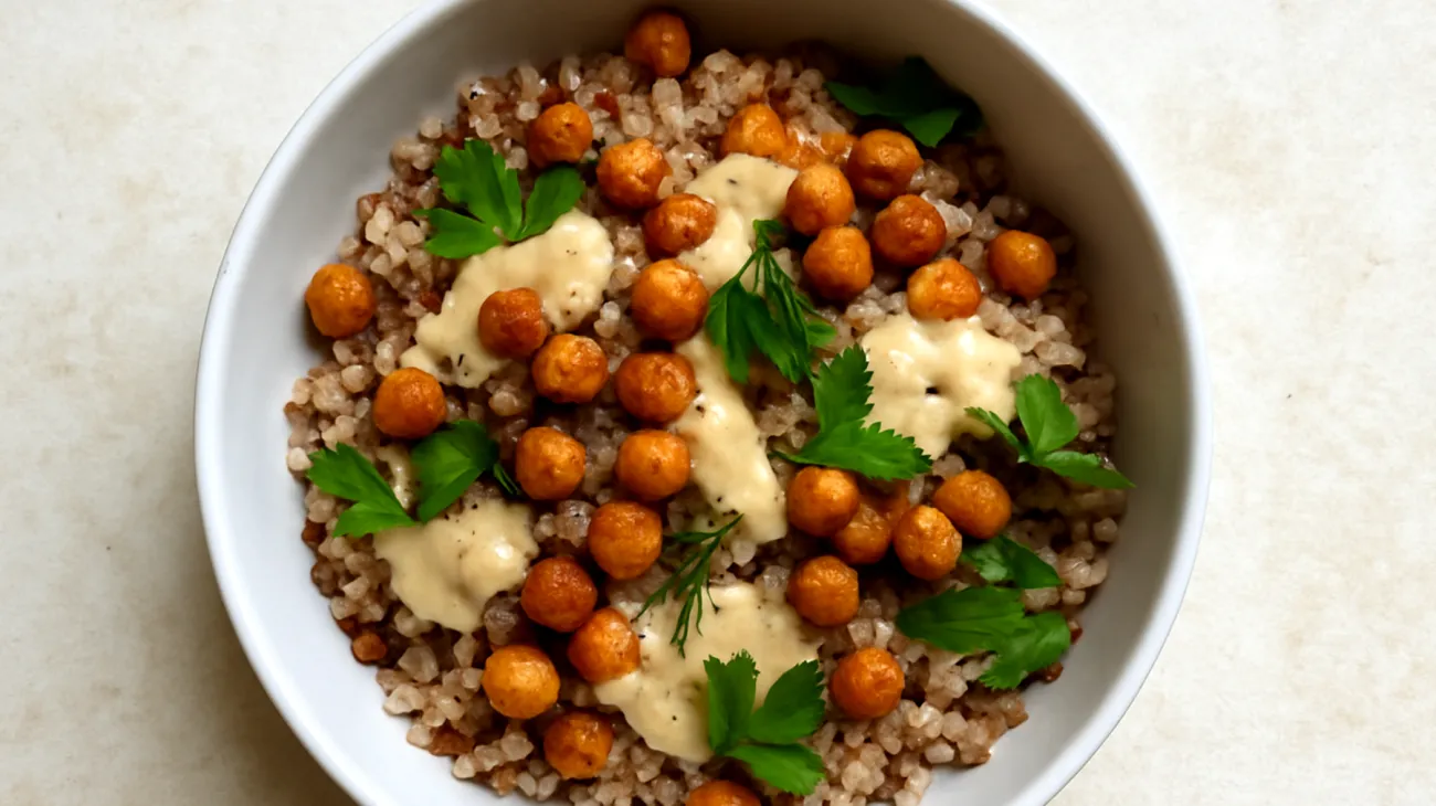 Buchweizen-Salat mit gerösteten Kichererbsen und Tahini-Dressing"