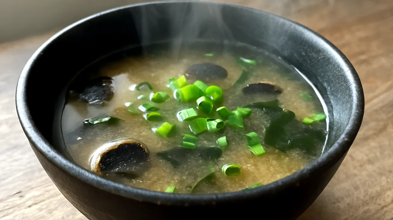 Miso-Suppe mit fermentiertem schwarzen Knoblauch und Wakame-Algen"